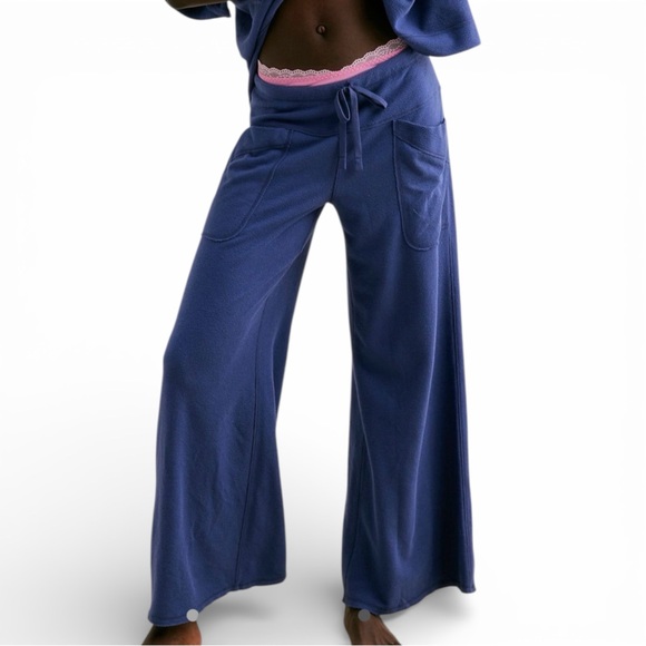 Free People Pants - Free People Lounge Pants Blue Drawstring Wide Leg Size Small
